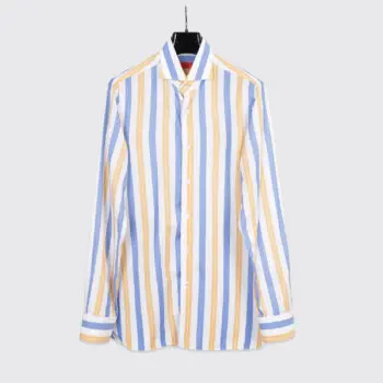 Isaia Napoli Dress Shirt Size 16.5 White Yellow Blue Stripe Cotton Made in Italy
