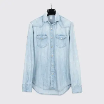 Eleventy Western Shirt Size M Light Blue Stone Washed Cotton Denim Snap Front