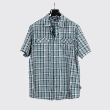 Patagonia Shirt Size L Gray Green Plaid Nylon Blend Lightweight Short Sleeve
