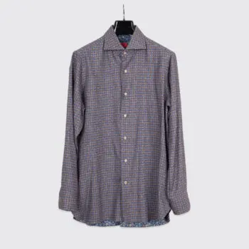 Isaia Napoli Sport Shirt Size 16.5 Men Brown Blue Geometric Print Cotton Flannel