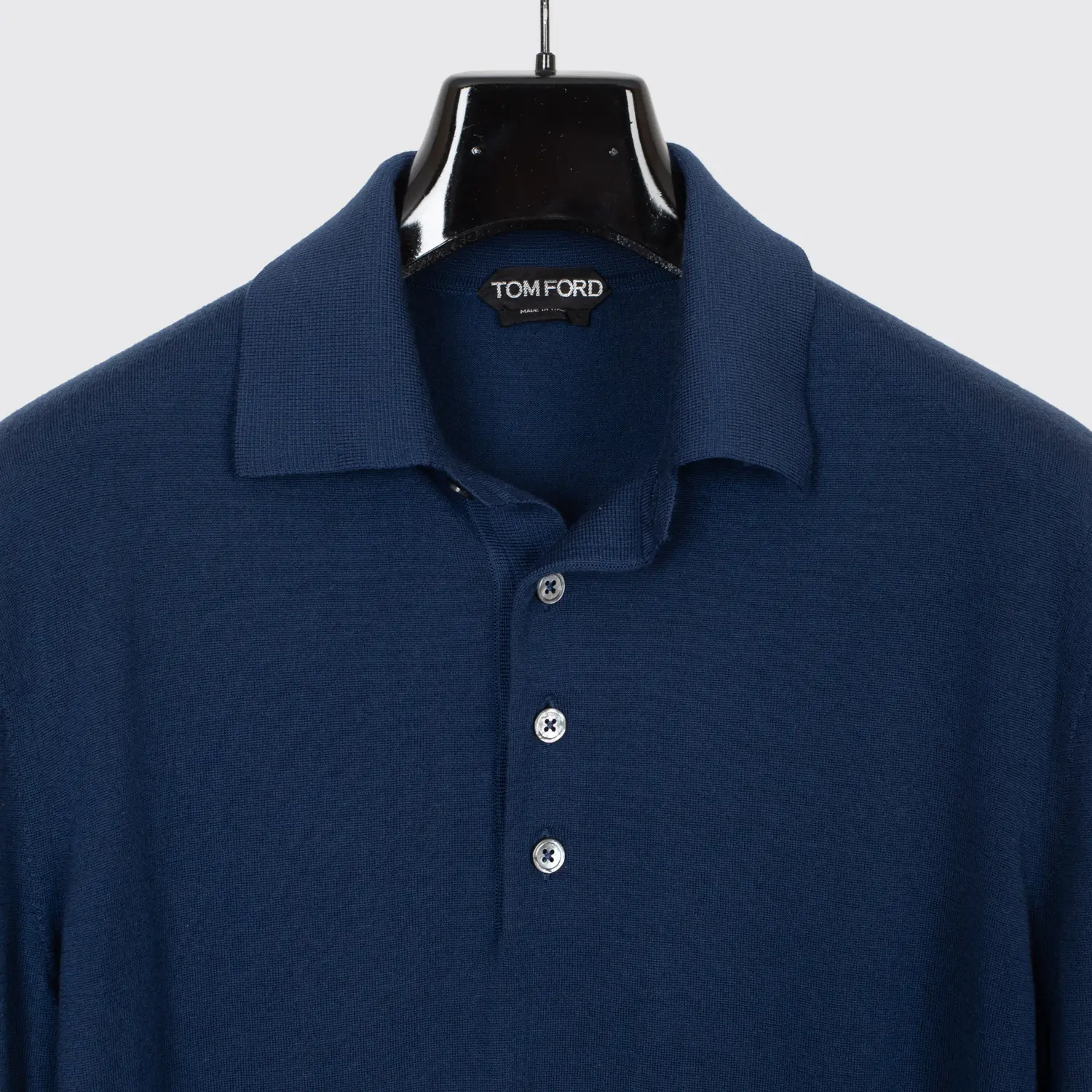 Tom Ford Polo Sweater Size EU54 Men Solid Dark Navy Blue Knit Wool Ribbed Trim