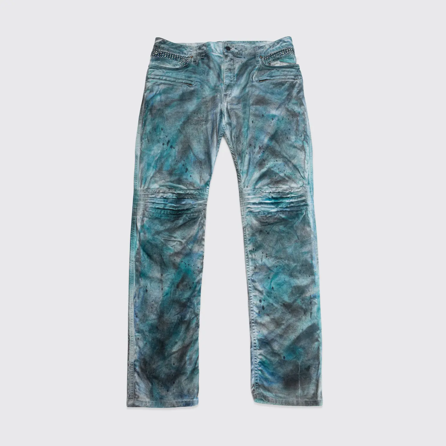 Robin's Jean Motard Motorcycle W36 Green Tie Dye Splatter Studded Made in U.S.A.