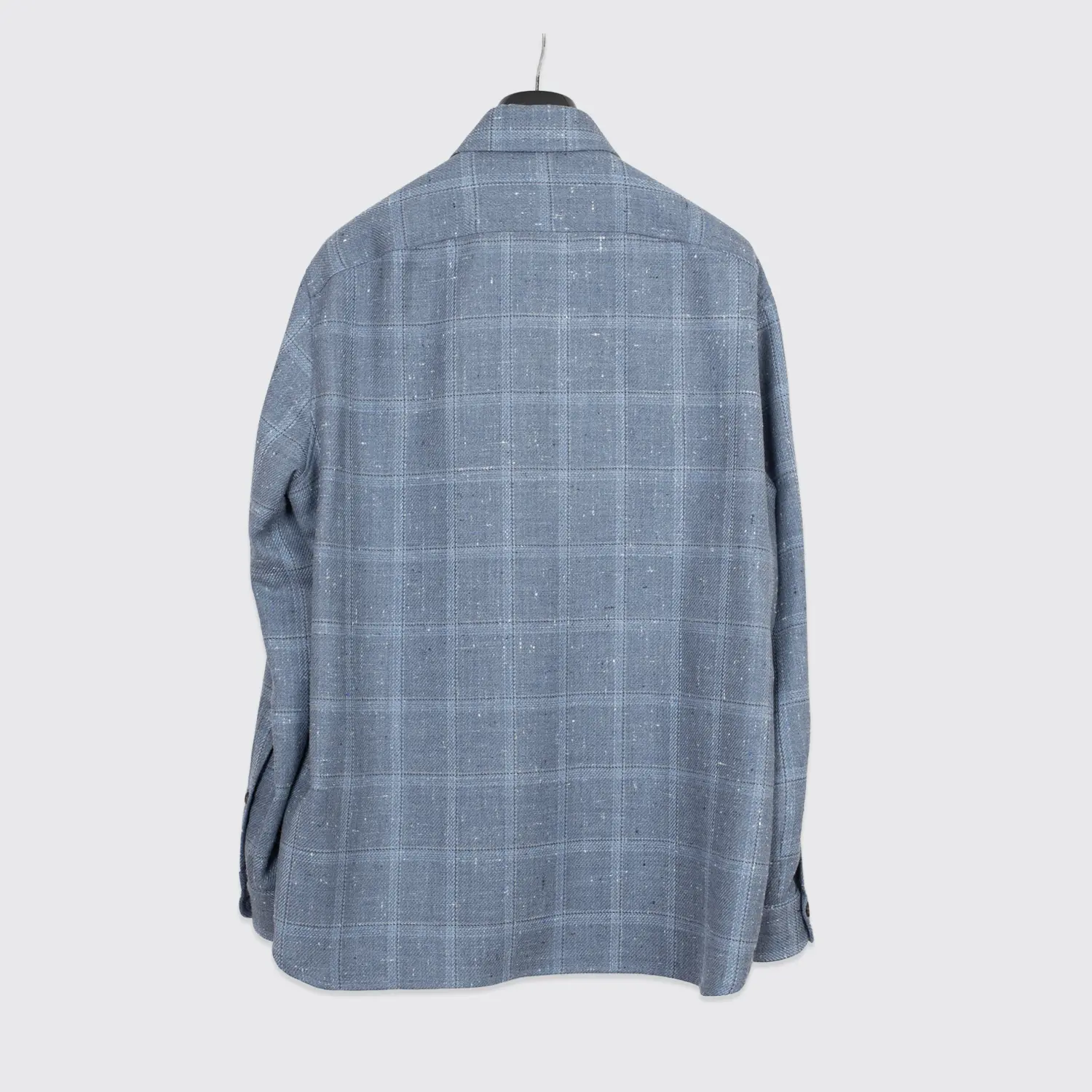 Isaia Napoli Overshirt XL Men Blue Check Slub Wool Silk Blend Made in Italy