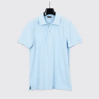 Tom Ford Tennis Polo Size L Classic Fit Pale Sky Blue Cotton Pique Ribbed Cuff