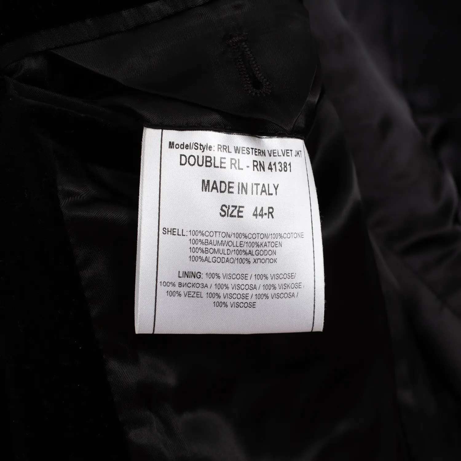 RRL Velvet Western Jacket Size 44R Men Solid Black Floral Appliqué Made in Italy