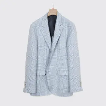 Brunello Cucinelli Suit Size EU52 Men Light Blue Check Linen Blend Made in Italy