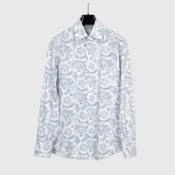 Brunello Cucinelli Dress Shirt Size L Basic Fit White Blue Paisley Print Cotton