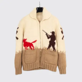 Mary Maxim Cowichan Sweater Cream White Brown Hunting Motif Wool Knit