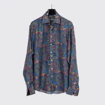 Thomas Pink Silk Shirt Size 17 Fab Four Paisley Print Ruffle Front Beatles Theme