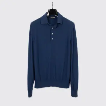 Tom Ford Polo Sweater Size EU54 Men Solid Dark Navy Blue Knit Wool Ribbed Trim