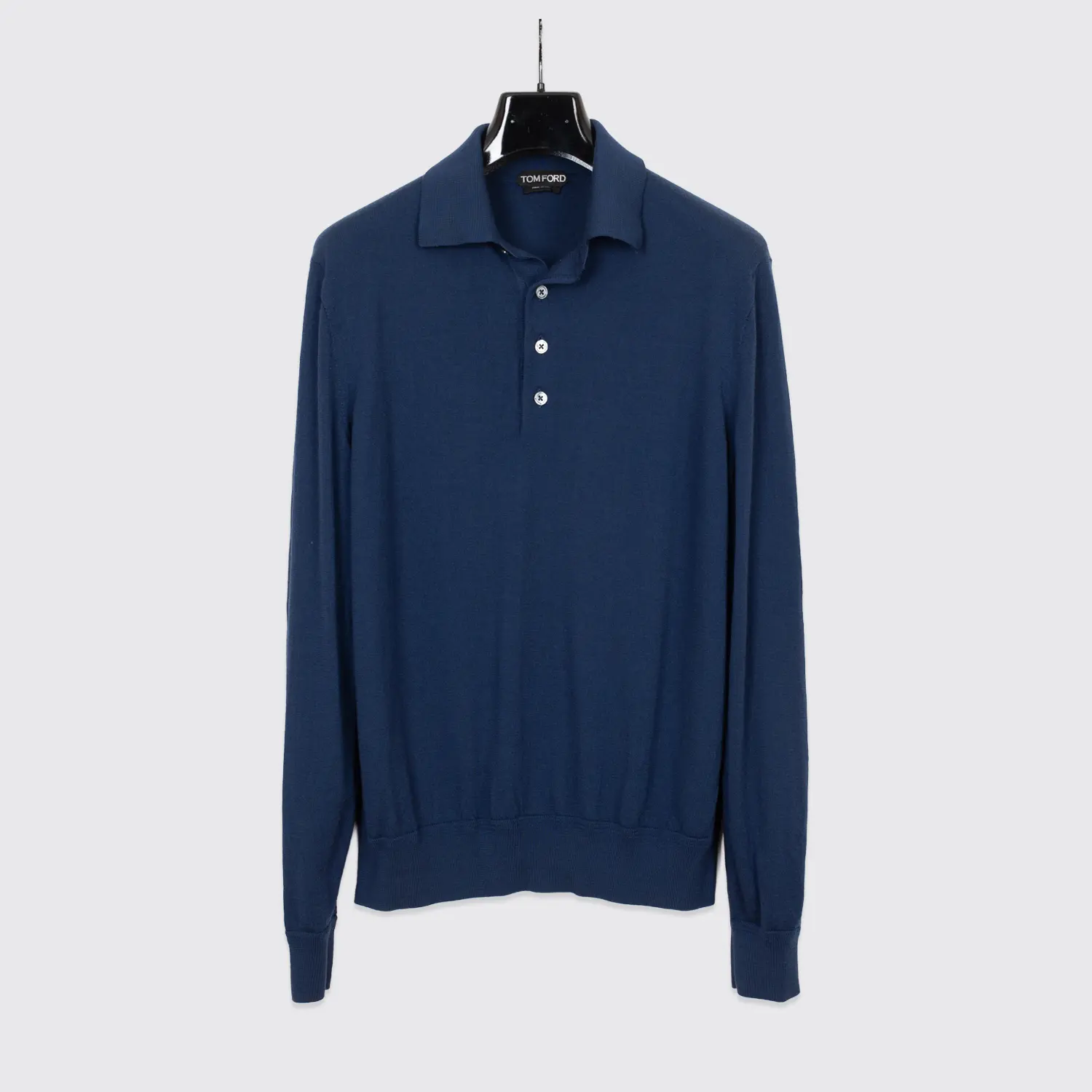 Tom Ford Polo Sweater Size EU54 Men Solid Dark Navy Blue Knit Wool Ribbed Trim