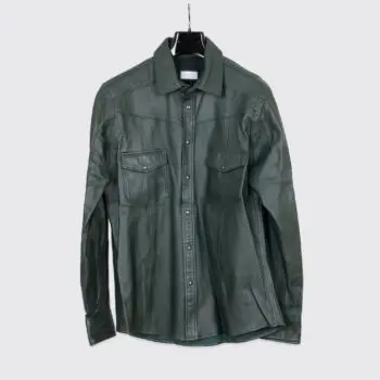 Ron Tomson Los Angeles Leather Shirt Size L Men Dark Green Genuine Lambskin Snap