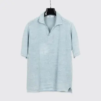 Inis Meain Sweater Size M Open Collar Solid Blue Knit Linen Made in Ireland