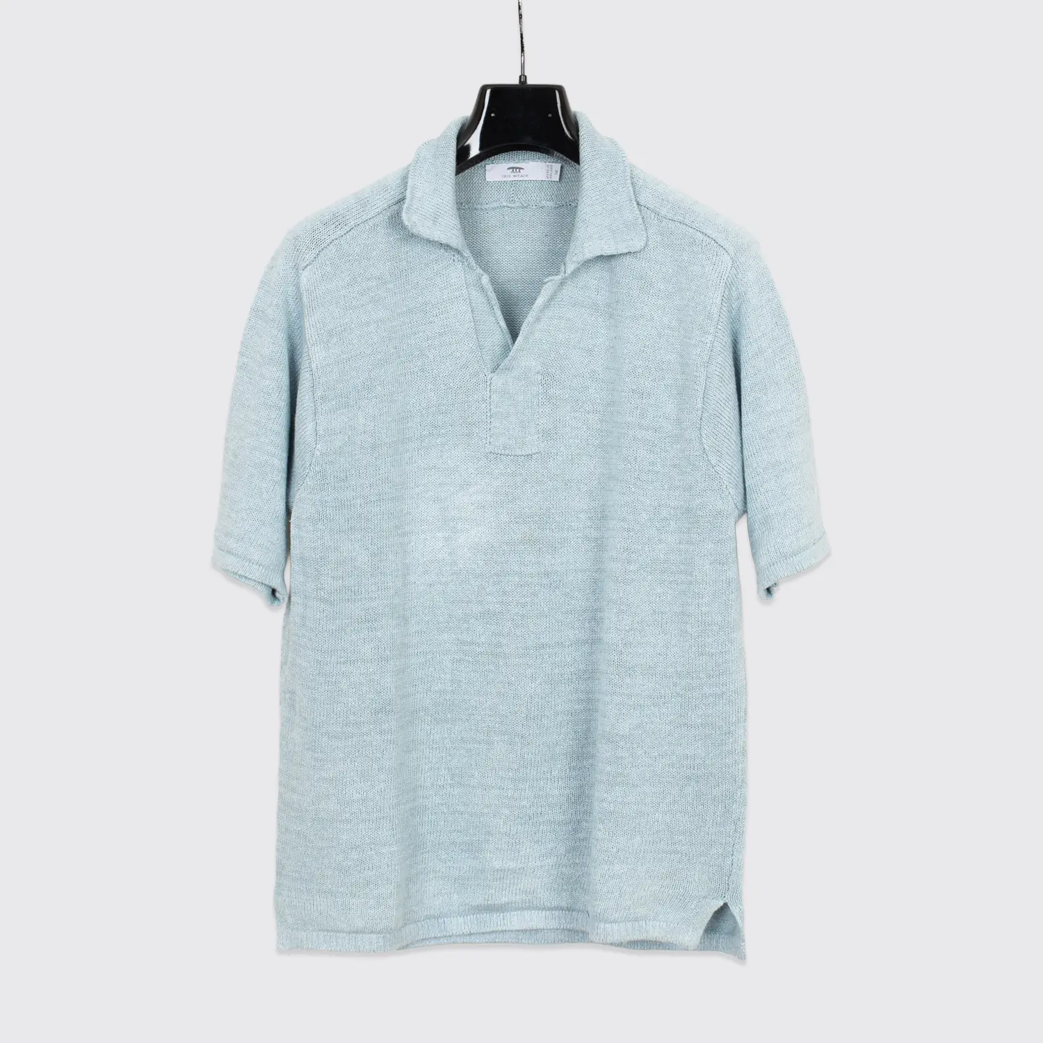 Inis Meain Sweater Size M Open Collar Solid Blue Knit Linen Made in Ireland