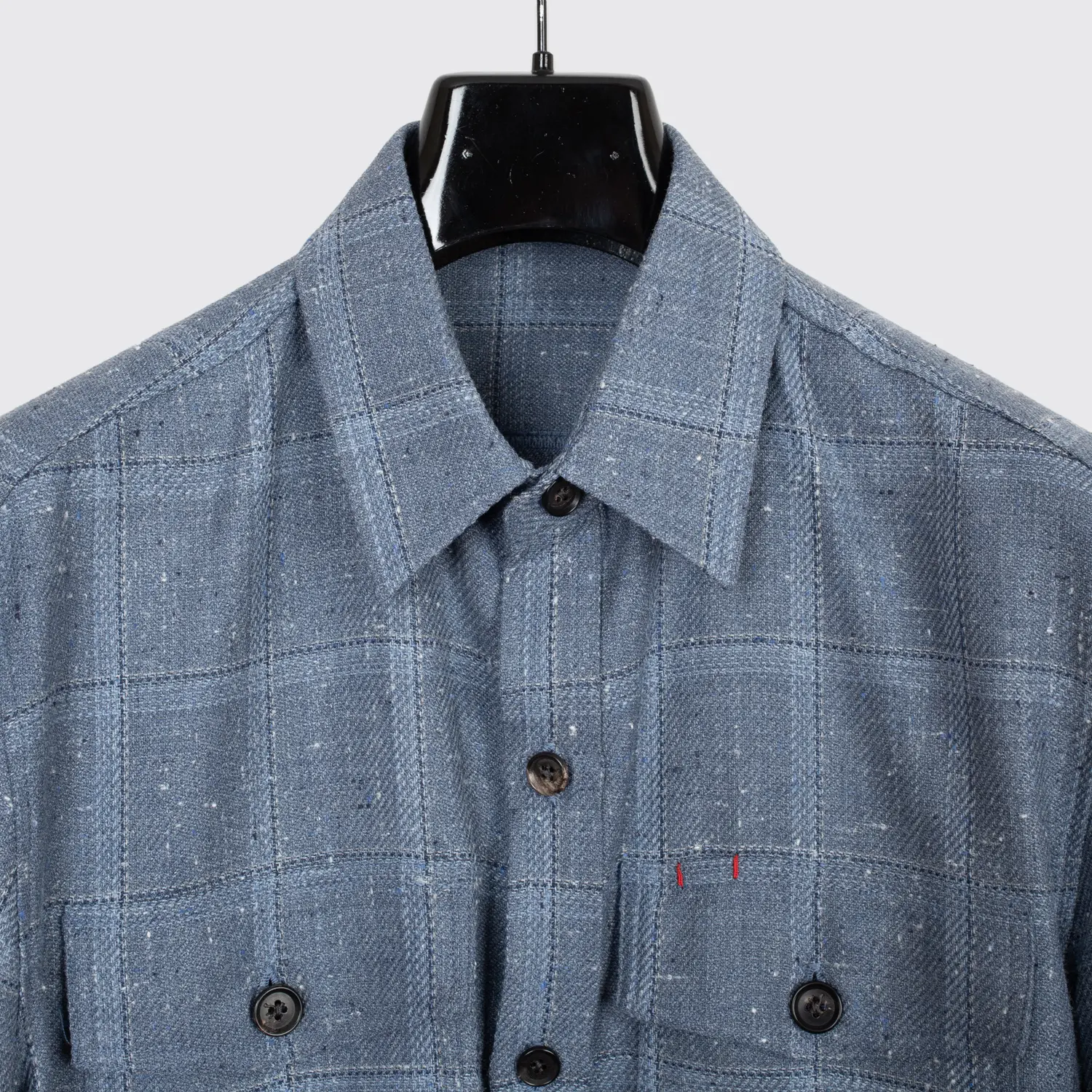 Isaia Napoli Overshirt XL Men Blue Check Slub Wool Silk Blend Made in Italy