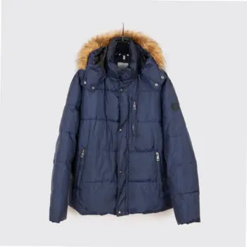 Cole Haan Coat Size XL Men Navy Blue Synthetic Down Faux Fur Trim Winter Parka