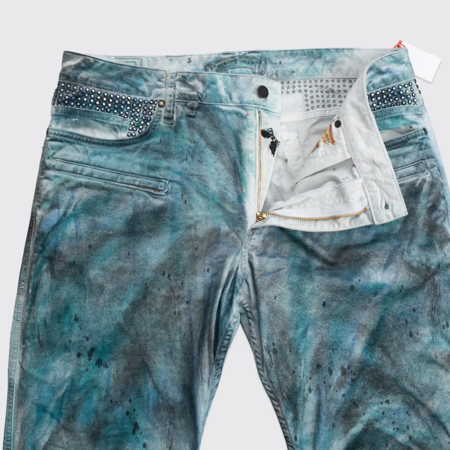 Robin's Jean Motard Motorcycle W36 Green Tie Dye Splatter Studded Made in U.S.A.