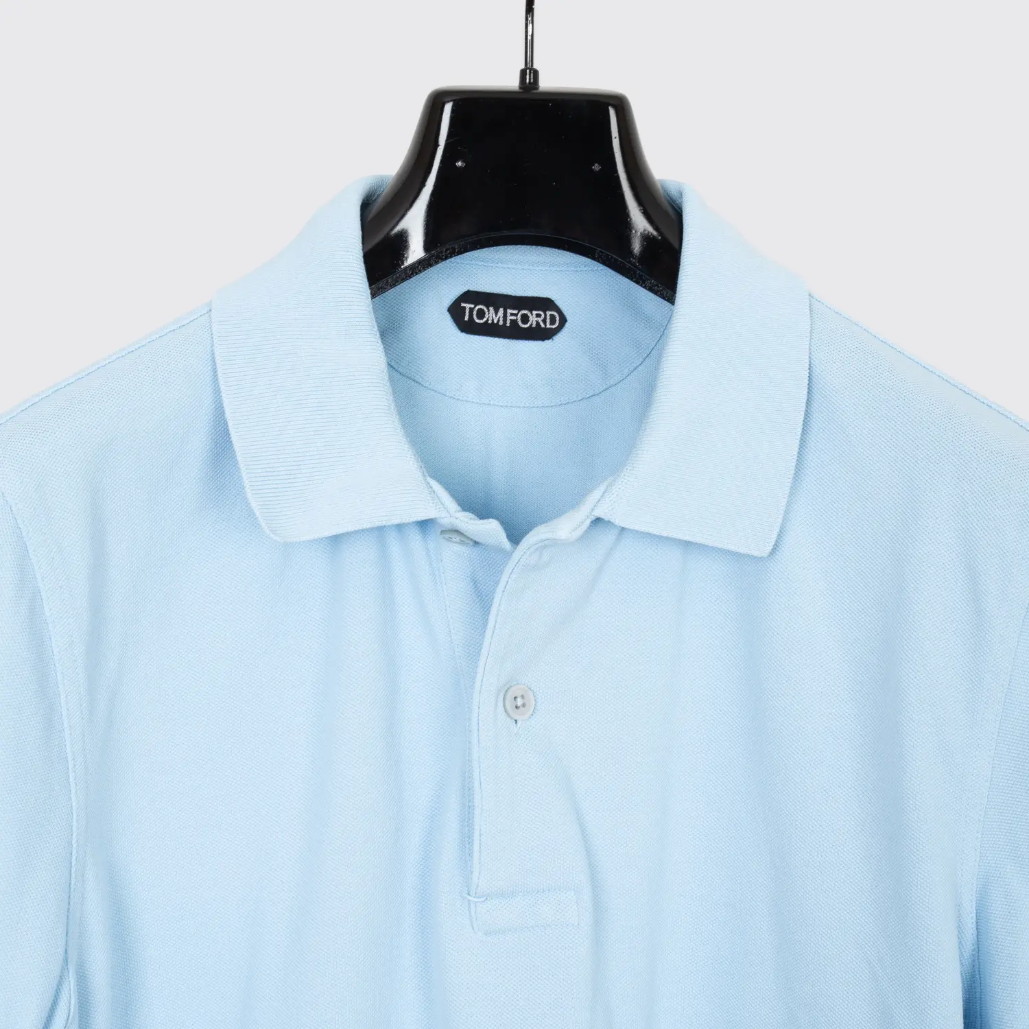 Tom Ford Tennis Polo Size L Classic Fit Pale Sky Blue Cotton Pique Ribbed Cuff