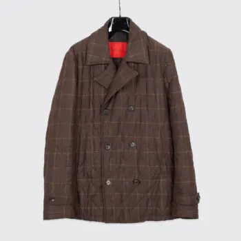 Isaia Napoli O'Sole Mio Double Breasted Jacket Size EU54 Brown Check Aqua Stampa