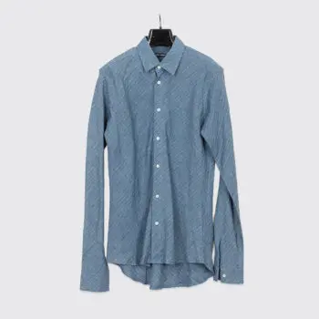 Frank Leder Sport Shirt Size M Blue Diagonal Striped Slub Linen Made in Germany