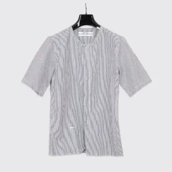 Robert Geller Collarless Shirt Size EU48 Black Striped Cotton Linen Short Sleeve