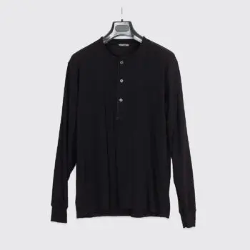 Tom Ford Shirt Size EU54 Solid Black Cotton Elastane Blend Stretch Ribbed Henley