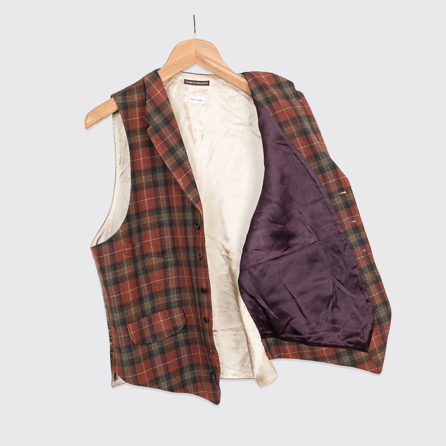 Paul Smith Waist Coat Vest Dark Orange Rust Green Plaid Wool Made in Belgium