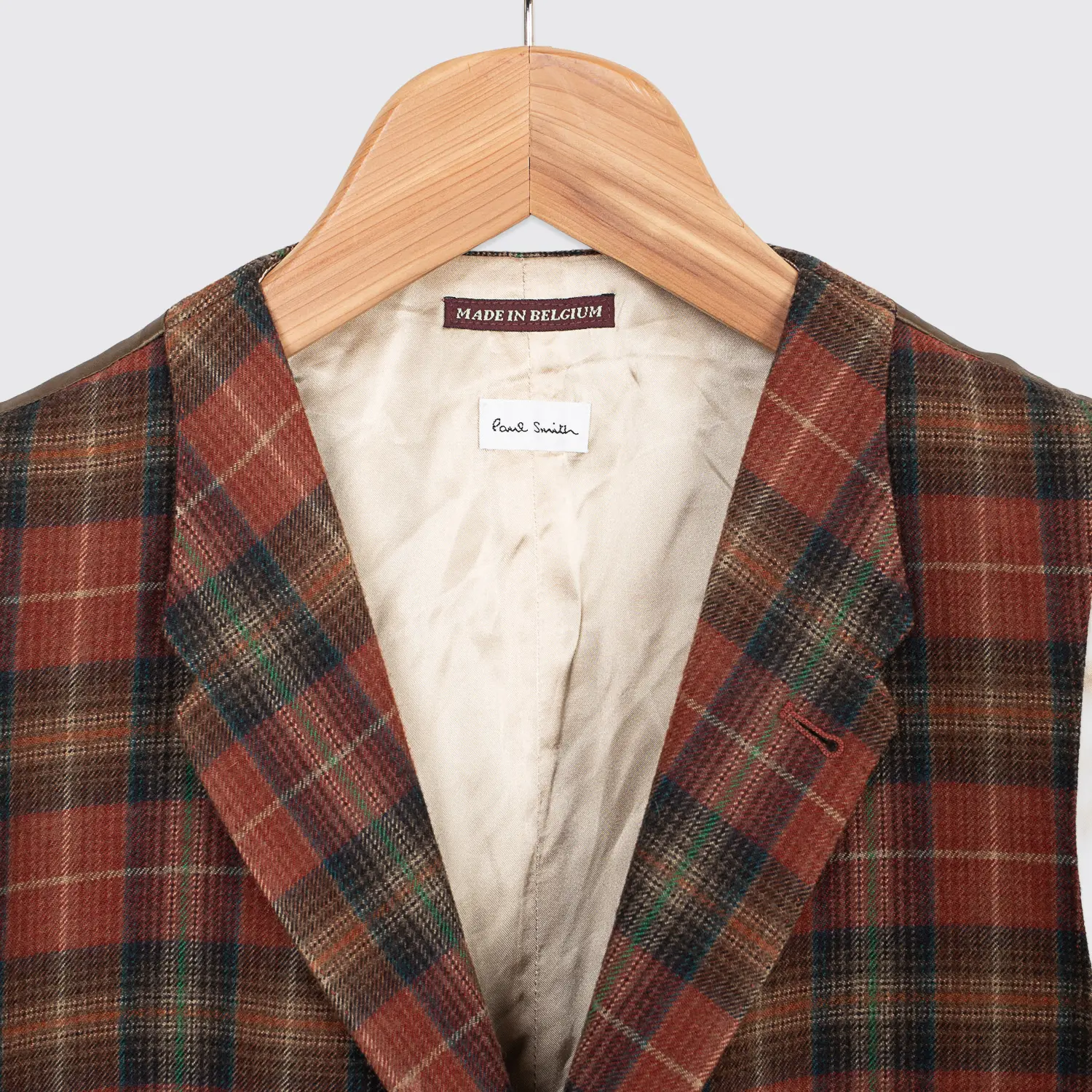 Paul Smith Waist Coat Vest Dark Orange Rust Green Plaid Wool Made in Belgium