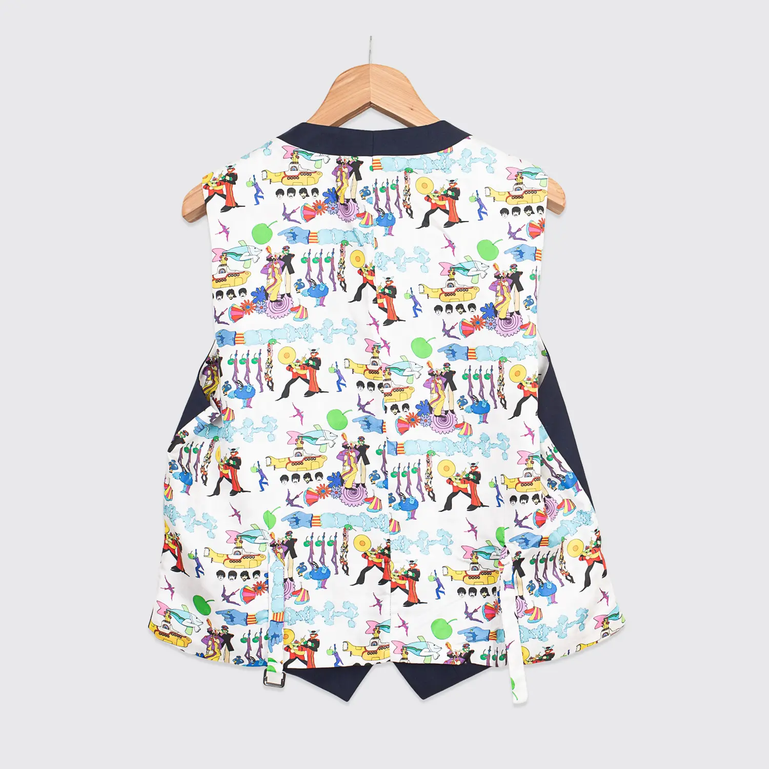 Thomas Pink Waist Coat Size 44R Men Dark Navy Blue Colorful Beatles Print Wool