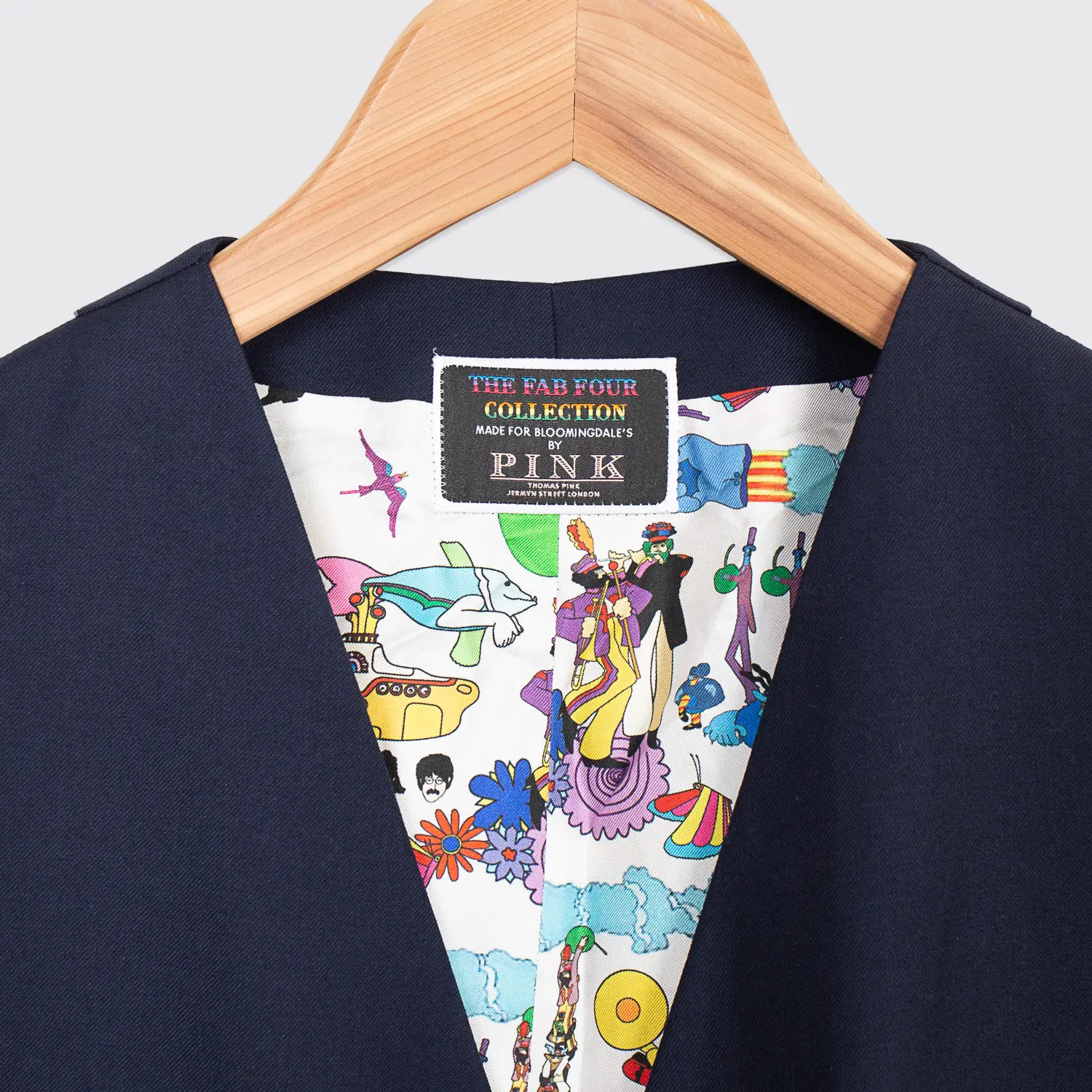 Thomas Pink Waist Coat Size 44R Men Dark Navy Blue Colorful Beatles Print Wool