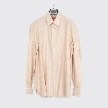 Isaia Napoli Dress Shirt Size 17.5 (44cm) Tan White Striped Cotton Poplin