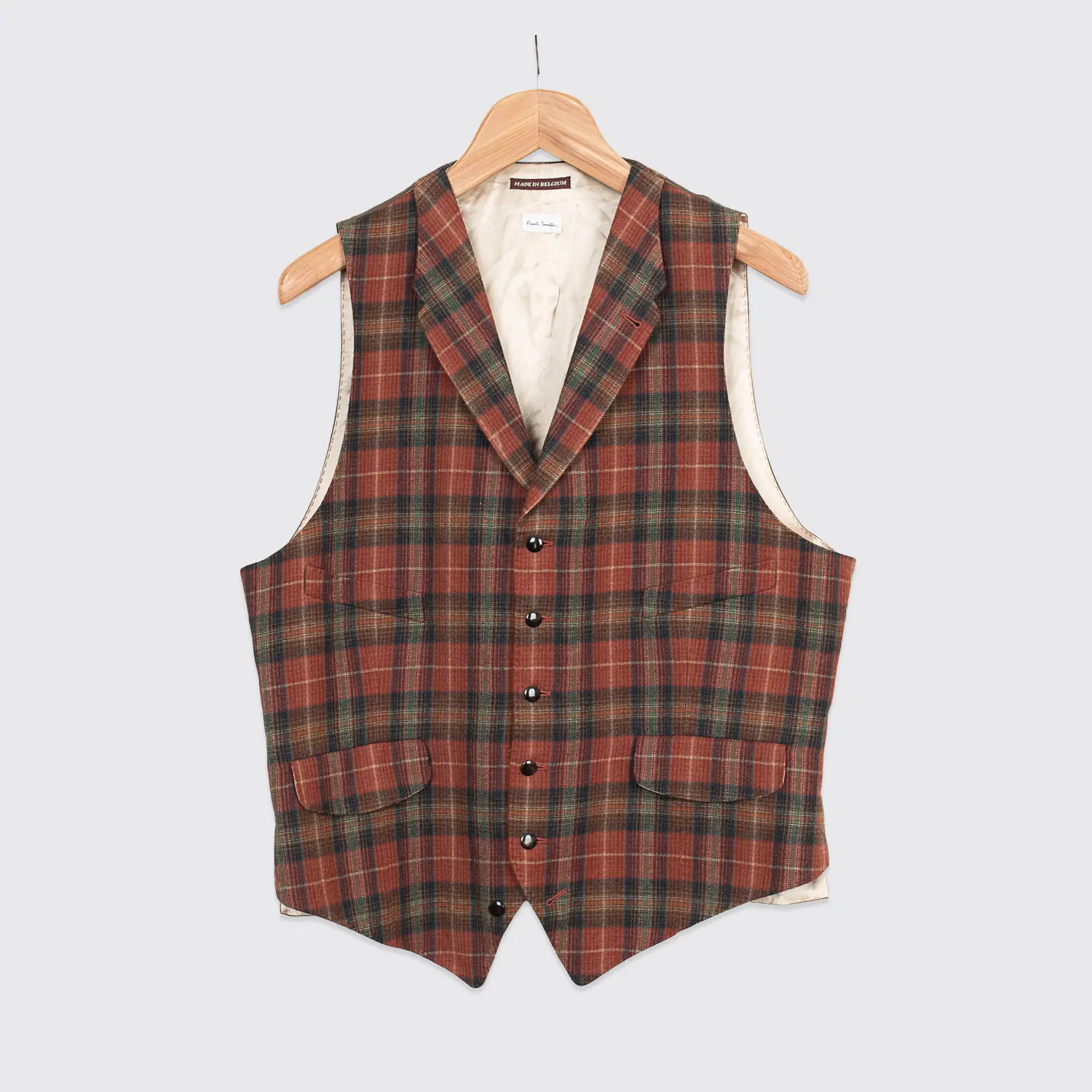 Paul Smith Waist Coat Vest Dark Orange Rust Green Plaid Wool Made in Belgium