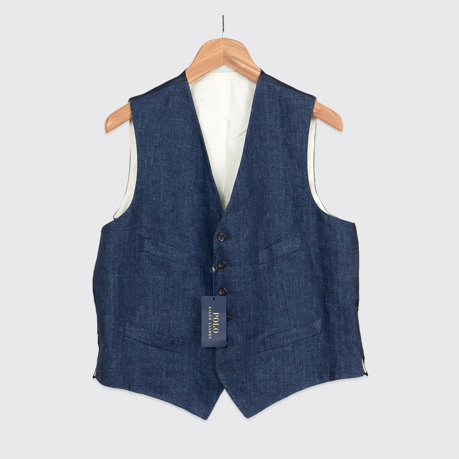 Polo Ralph Lauren Waist Coat Size 44R Men Indigo Blue Herringbone Woven Linen