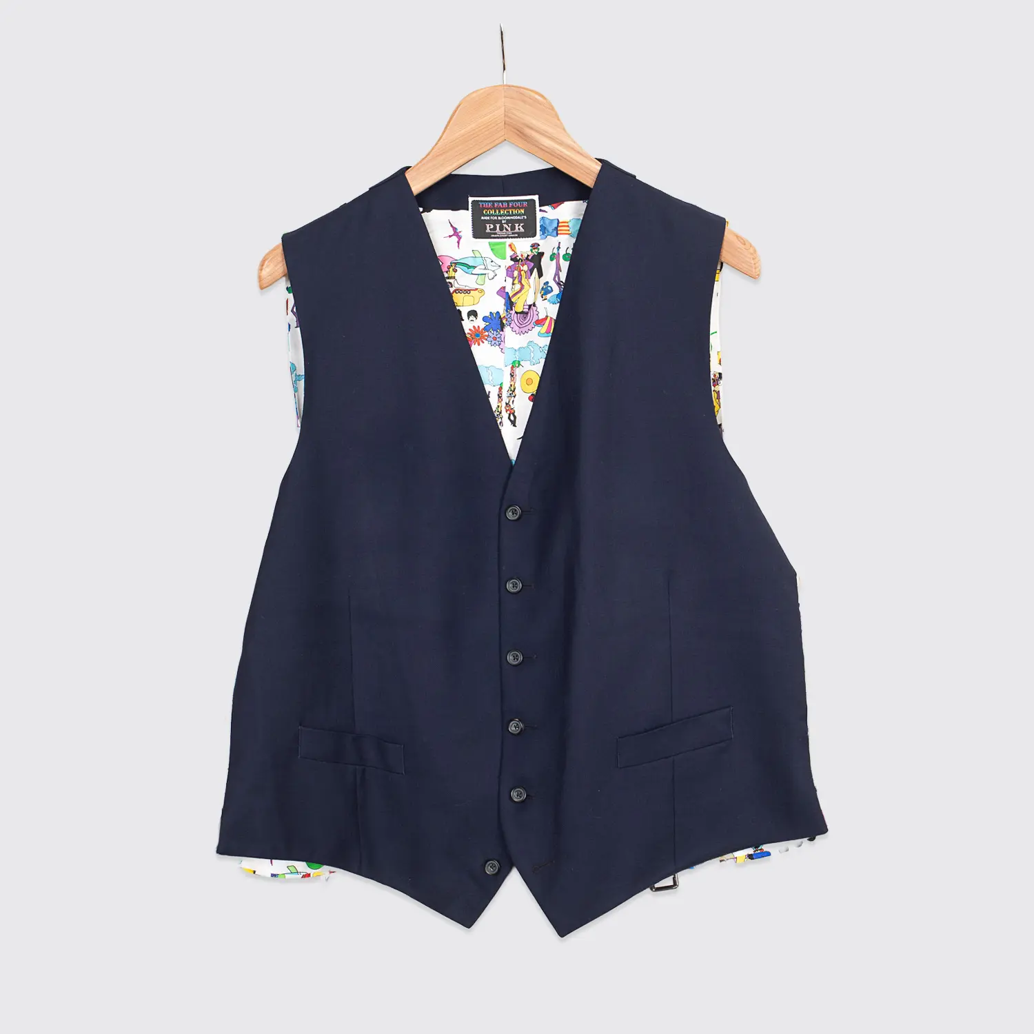 Thomas Pink Waist Coat Size 44R Men Dark Navy Blue Colorful Beatles Print Wool