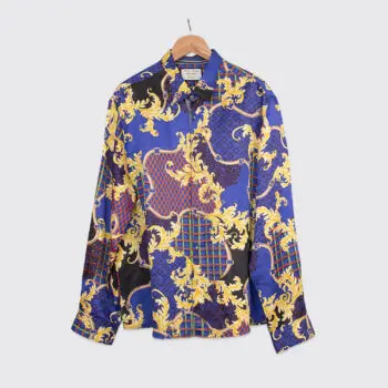 Robert Stock Signature Silk Linen Shirt 3XL Baroque Art Print Blue Gold Red Lime