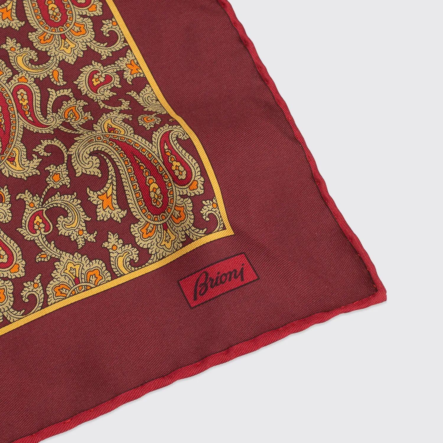 Brioni Pocket Square Dark Red Paisley Print Hand Stitched Made in Italy