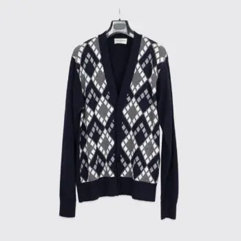 Officine Generale Cardigan Sweater Size L Men Navy Blue Argyle Plaid Wool Jumper