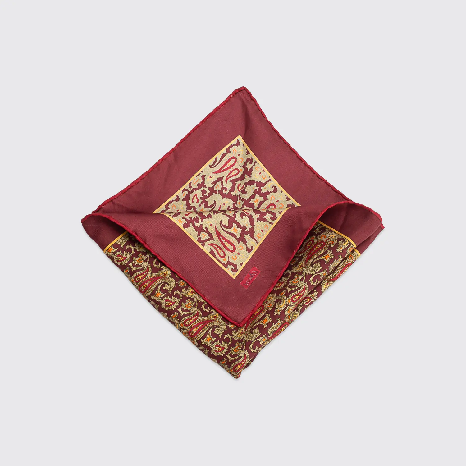 Brioni Pocket Square Dark Red Paisley Print Hand Stitched Made in Italy