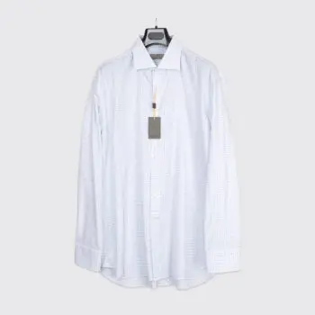 Canali Shirt Size 18 (46cm) White Blue Check Lightweight Cotton Made in Italy