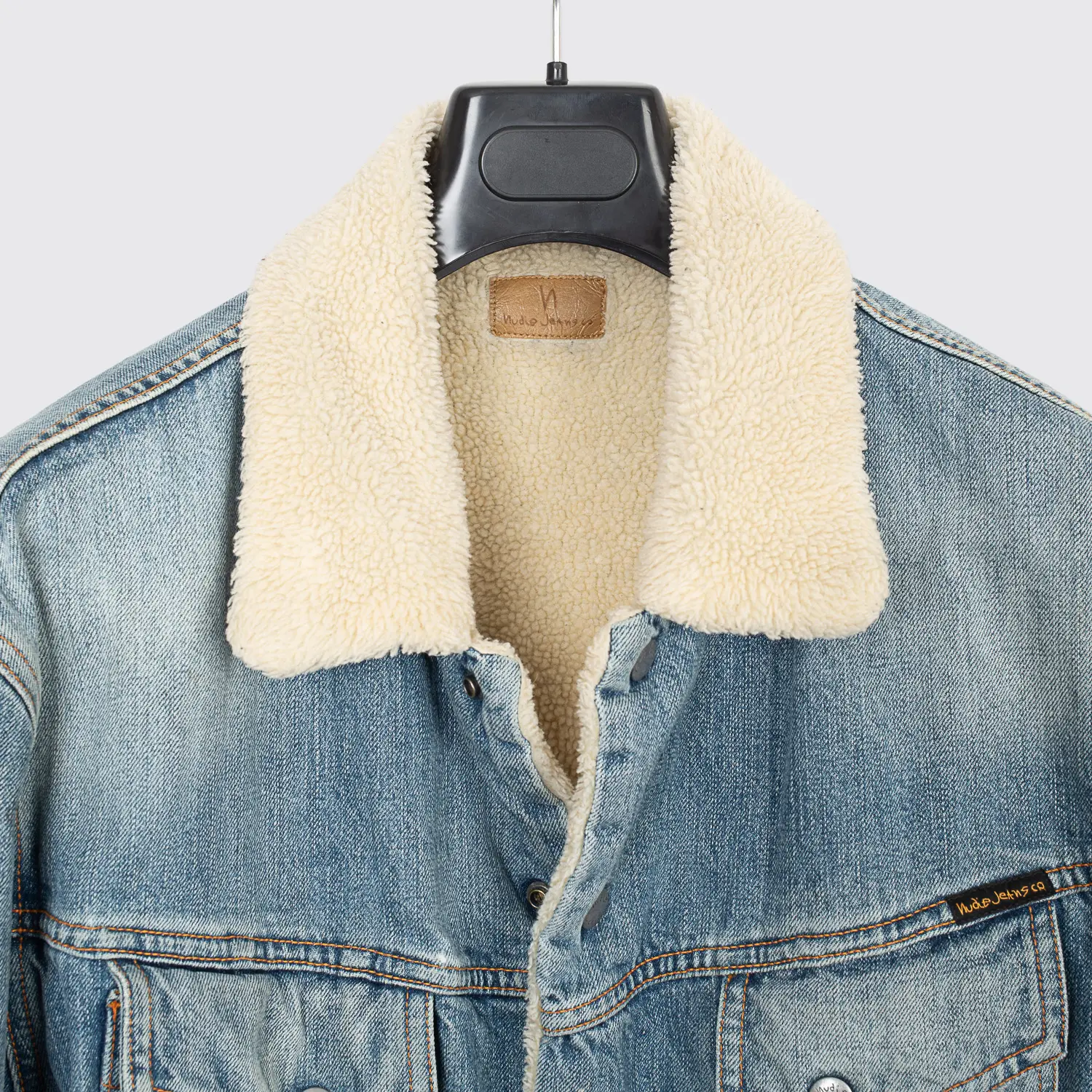 Nudie Jeans Co Lenny Sherpa Jacket Size 2XL Light Blue Wash Denim Fleece Lined