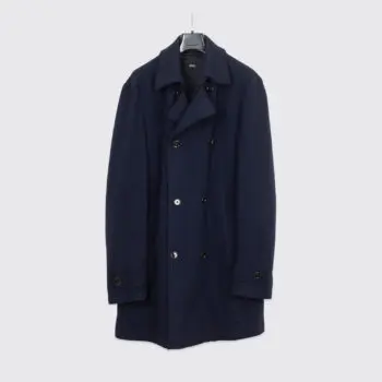 Hugo Boss Coat Size 46L Solid Dark Navy Blue Virgin Wool Blend Double Breasted