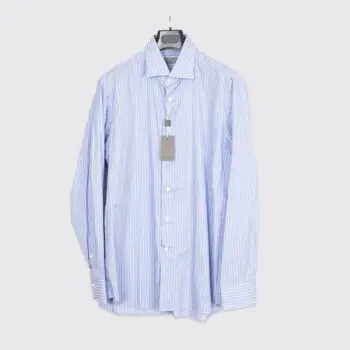 Canali Dress Shirt Size 17.5 (44cm) Light Blue Striped Cotton Made in Italy
