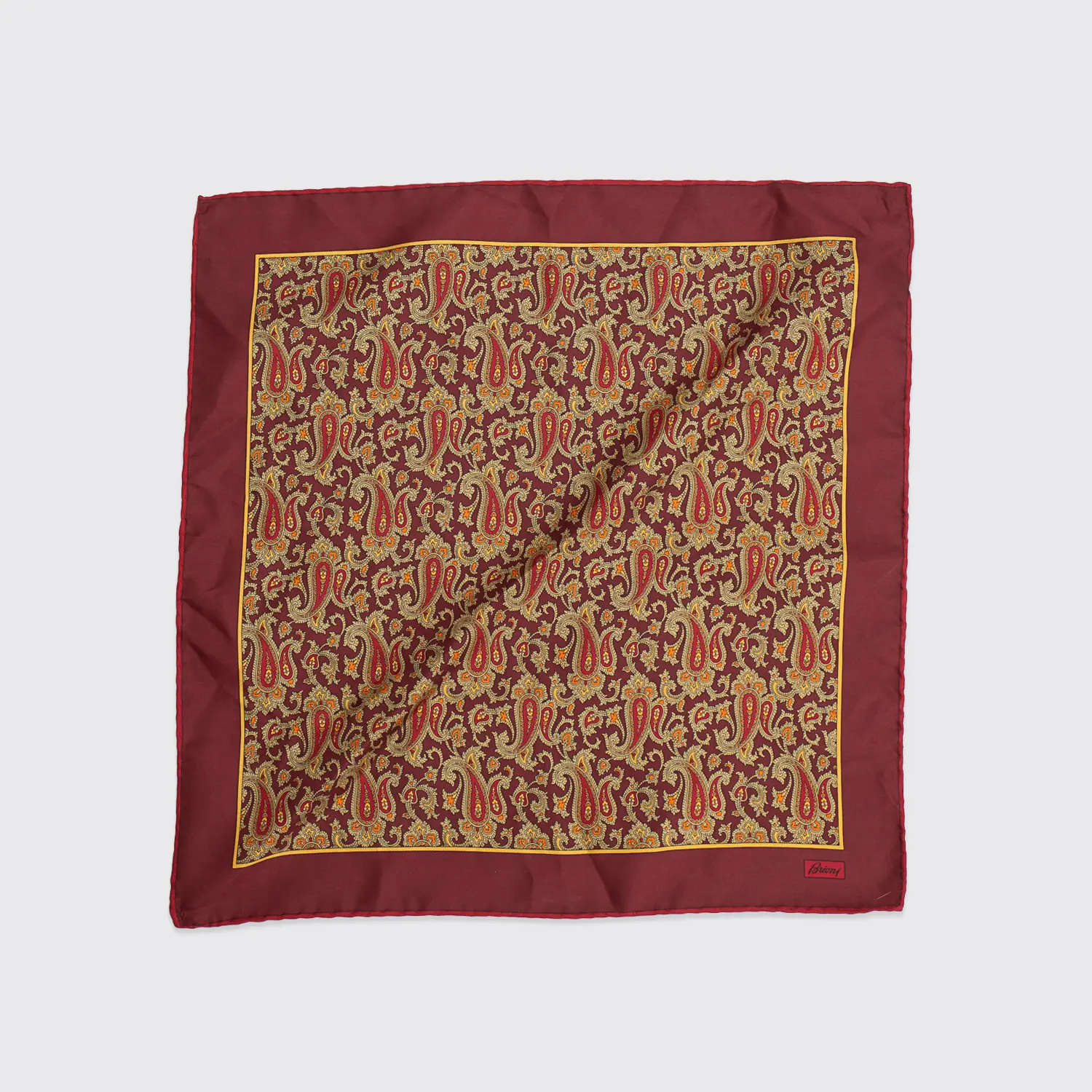 Brioni Pocket Square Dark Red Paisley Print Hand Stitched Made in Italy