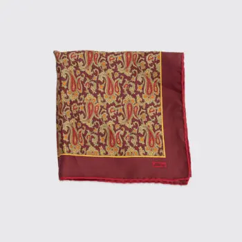 Brioni Pocket Square Dark Red Paisley Print Hand Stitched Made in Italy