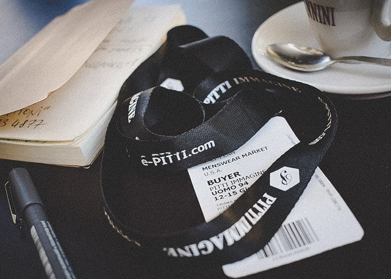 Notebook, coffee, lanyard, flat lay Pitti Uomo 94, 2018