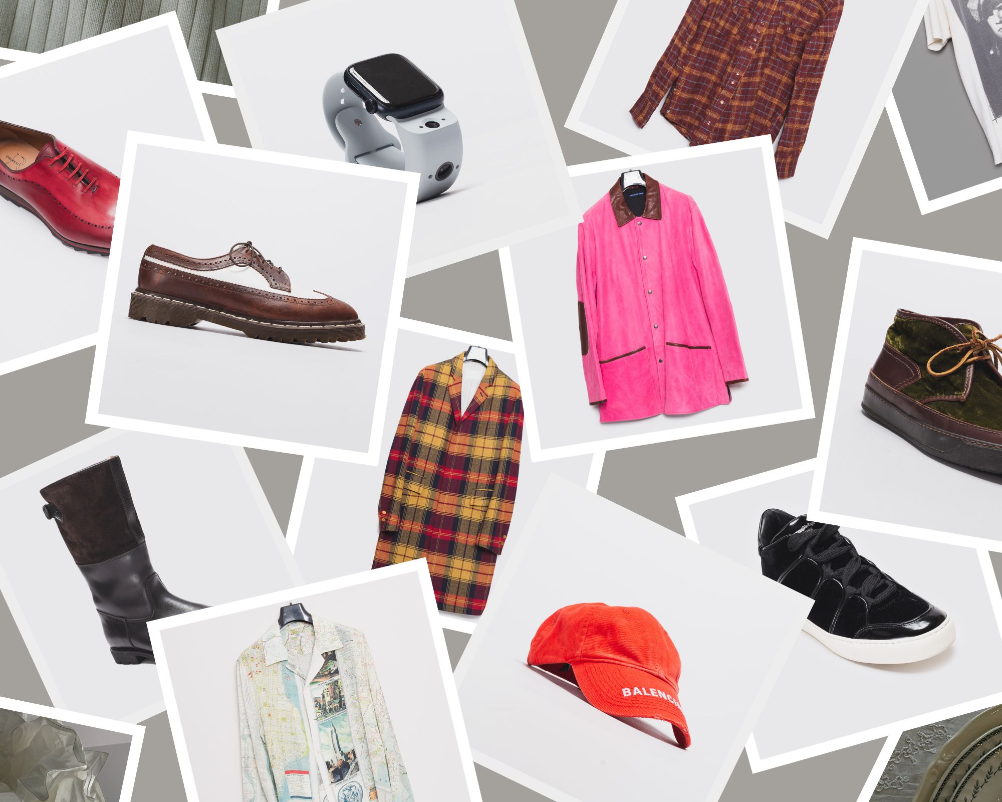 colorful collage of men's fashion items: hats, shoes, coats, shirts