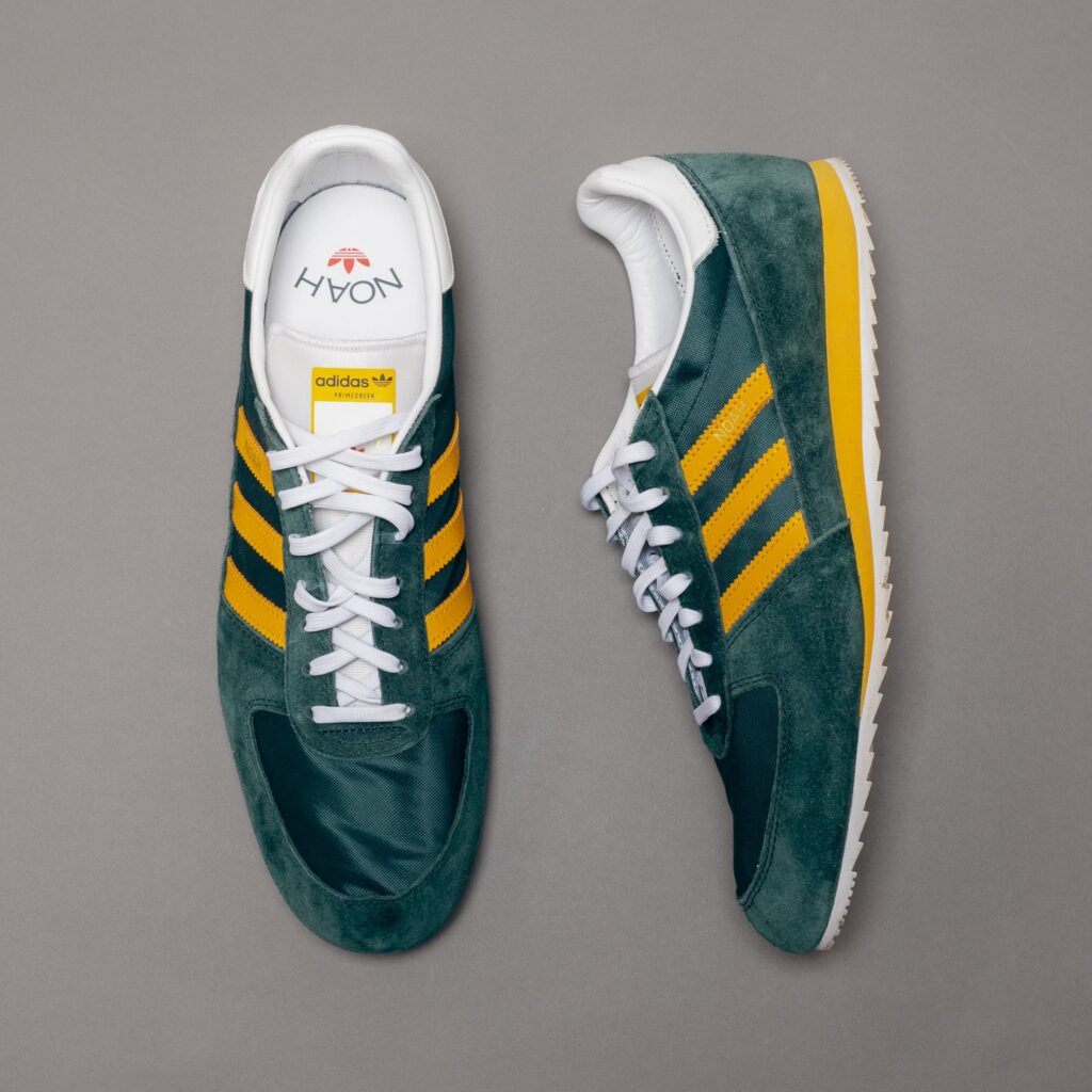 adidas NOAH vintage runner shoes in collegiate green and gold