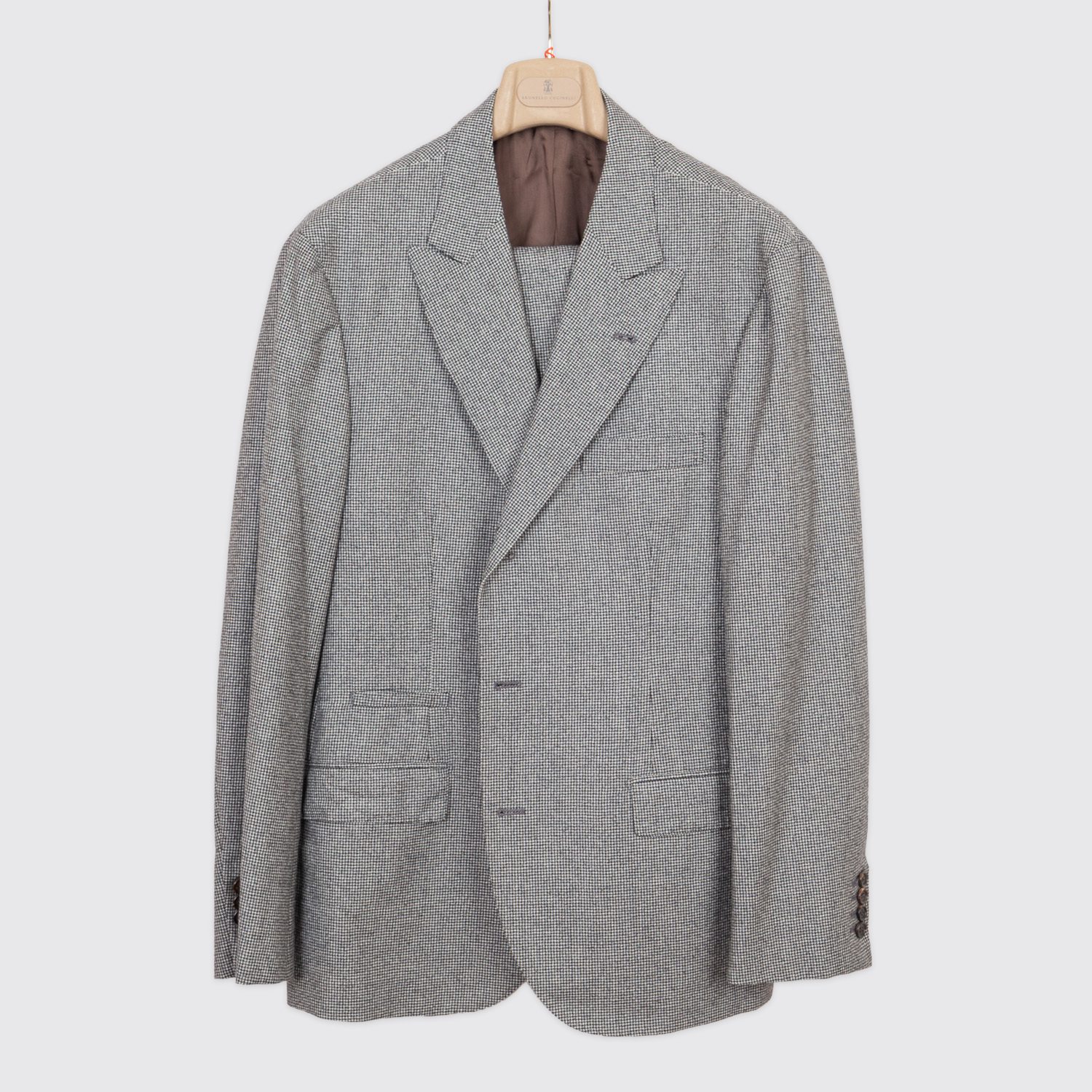 Brunello Cucinelli Suit Size EU56 Gray Houndstooth Wool Peak Lapel